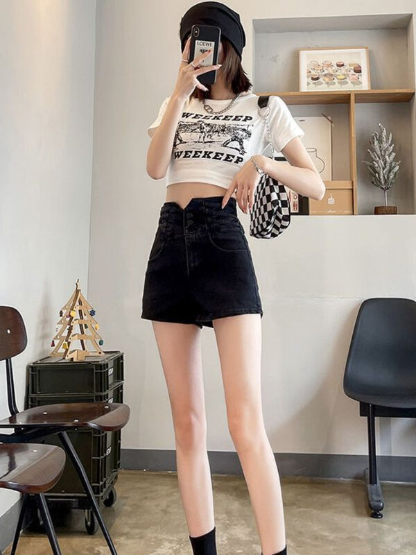 Pantalones cortos de mezclilla para mujer, Shorts de estilo coreano, cintura alta, informal, Vintage, vacaciones