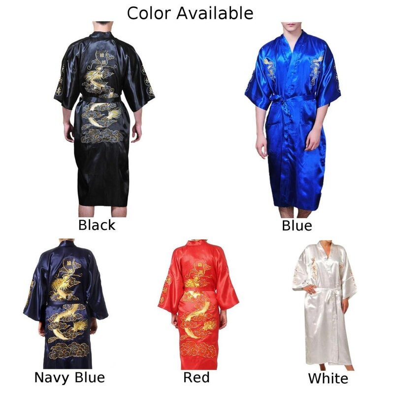 Chinese Stijl Heren Satijnen Badjas, Drakenontwerp, Zijden Pyjama Nachtkleding, M 2xl, Marineblauw/Rood/Wit/Zwart/Blauw