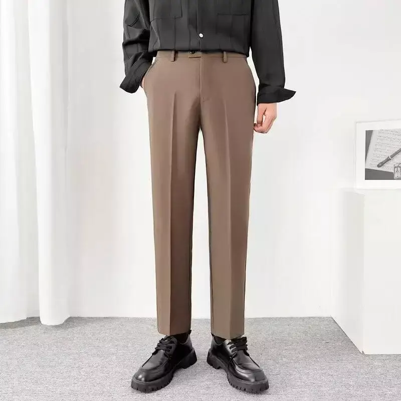 Мужские летние шелковые повседневные брюки 2024, мужские прямые тонкие повседневные брюки, молодежные дышащие британские Костюмные брюки