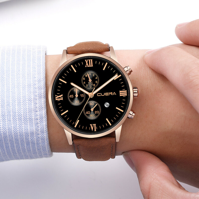 Relógio Masculino de luxo Moda Simples Temperamento Rodada Relógio De Couro Strap Diamonds Relógios De Pulso Business Dial Watch Armbanduhr