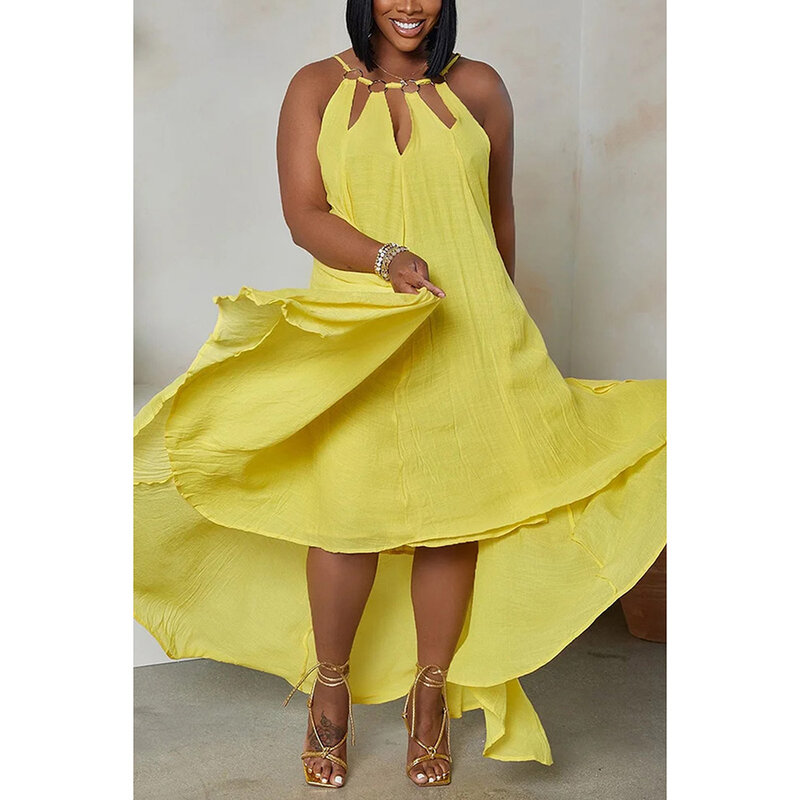 Plus Size Yellow Casual Sleeveless Cut Out Irregular Hem Loose Midi Dresses