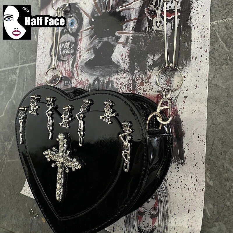 Y2k würziges Mädchen Harajuku Frauen Gothic Punk eine Schulter Lolita herzförmige Lack leder spitzen Schädel Kreuz Achsel Taschen Tasche