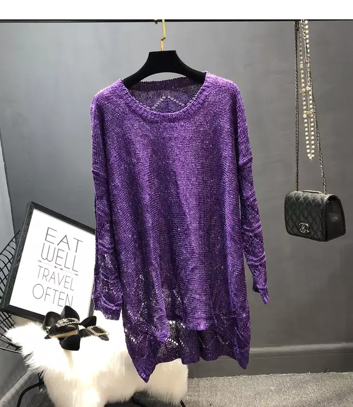 Зимние Топы для женщин 2024 осень зима Прямая поставка осенние свитера для свободного кроя блестящее вязаное платье фиолетовый свитер