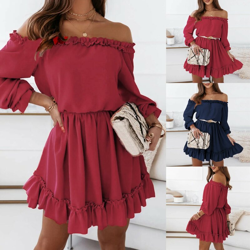 Holiday Dresses For Women Retro Solid Color Off Shoulder Ruched Ruffles A-Line Red Dresses For Women Elegant Dresses For Women