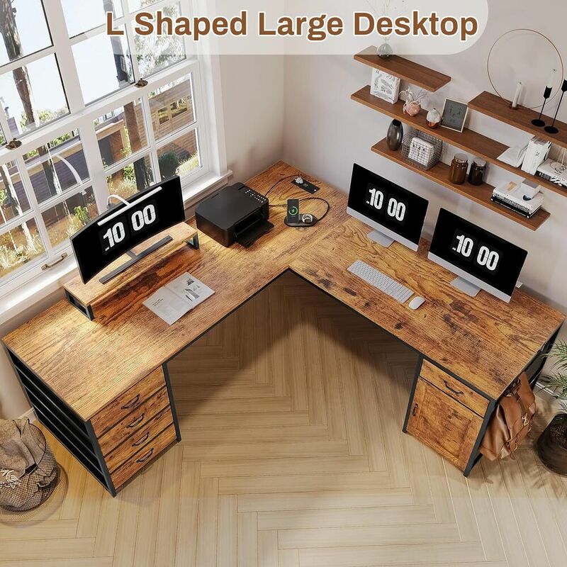 Mesa do computador em forma de L com 5 gavetas e tomada para Home Office