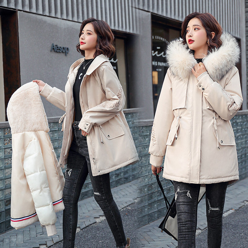 Parka wanita gaya baru, mantel katun trendi dengan lapisan yang bisa dilepas, jaket musim dingin, kerah bulu besar 2023