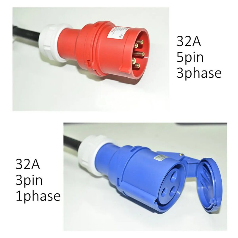 Pojazd elektryczny Adapter do ładowania konwersji z 22kW na 7kW 3 fazy do 1 fazy 32A CEE czerwony męski 5pin podłączony do niebieskiej kobiety 3pin