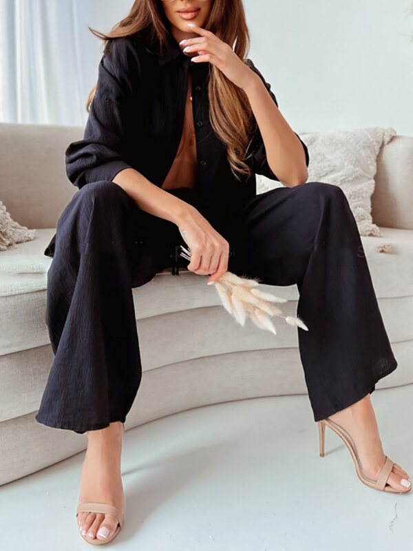 Ekaliy-Conjunto de pantalones informales para mujer, camisa de manga larga con botones y solapa, pantalones holgados de pierna ancha, trajes elegantes de 2 piezas