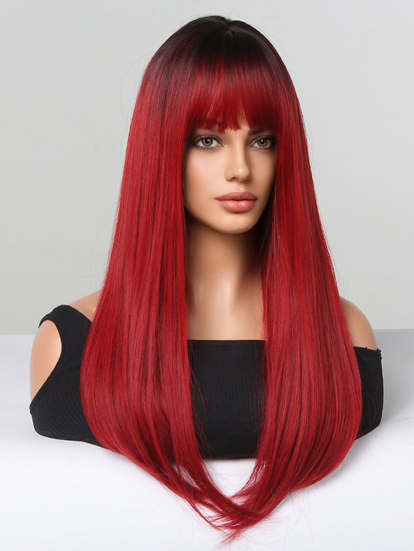 HAIRprofits ic-Perruque synthétique longue et lisse avec frange pour femme, perruque noire et rouge ombrée, perruque en fibre de degré de chaleur, cosplay de fête