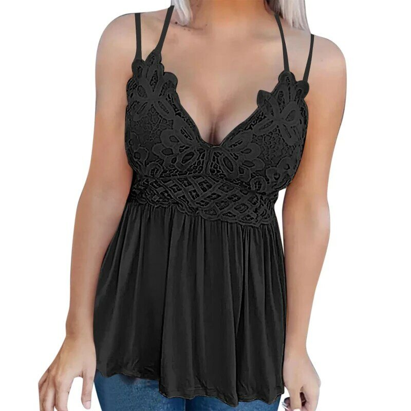 Women's Clothing Tanks Camis Adjustable Lace Patchwork T-Shirt Vest Summer Sleeveless Deep V-Neck Shirts Female Sexy Halter Tops
