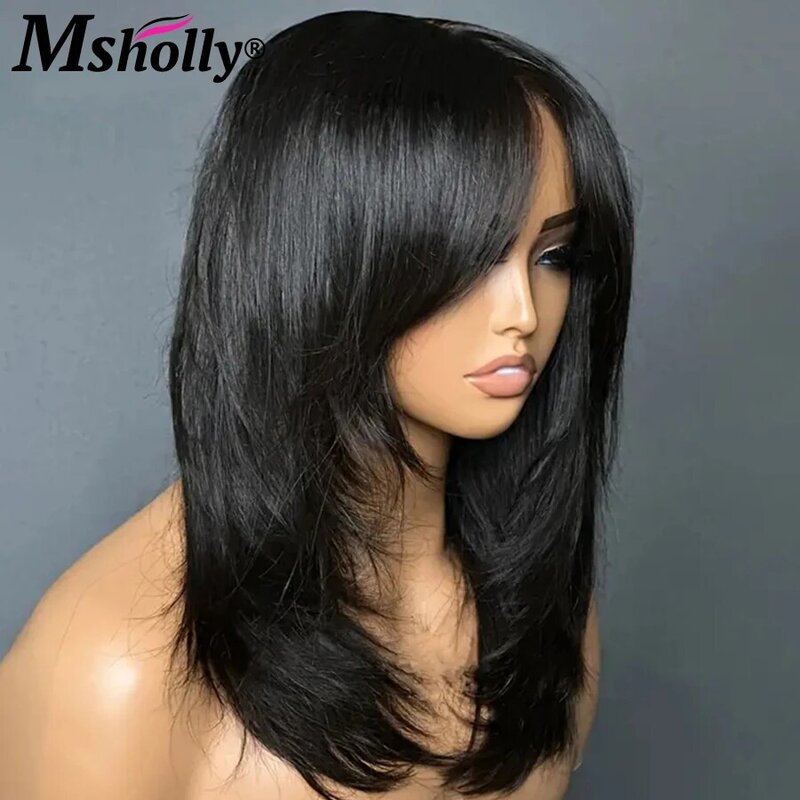 Inspired Layers With Curtain Bangs Wavy Wig 4x4 Lace Closure Wig Glueless Human Hair Wigs Free Part Clear Lace Preplucked Wigs