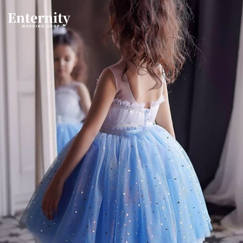Princesse Enfant busur berpayet sendok leher busur bunga gaun anak perempuan tanpa lengan gaun pesta panjang lutut indah Vestidos Para anak-anak