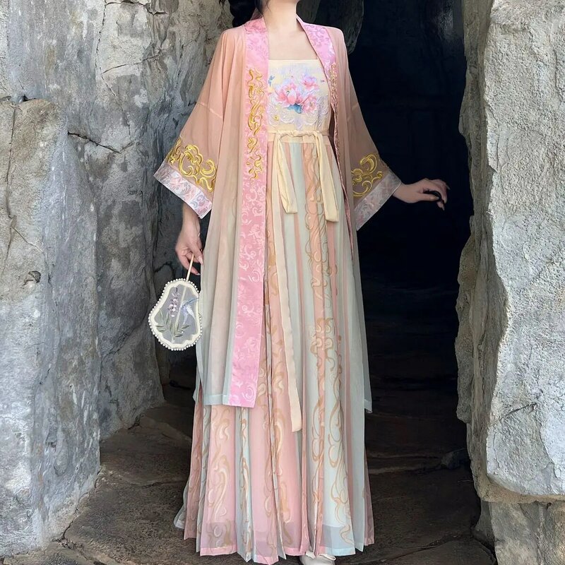 Conjuntos de hanfu estilo chinês para mulheres, elegante vestido hanfu, bordado de fadas, fantasia de dança folclórica, roupas retrô dinastia canção, novos, 24, 2024