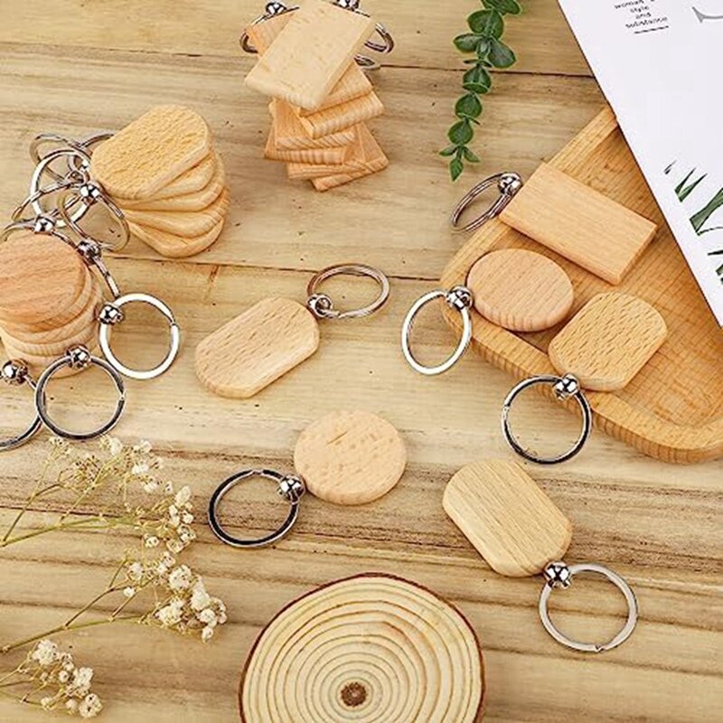 1 Set Engraving Blanks Wood Blanks Unfinished Wooden Key Ring Key Tag Fit For DIY Gift Crafts