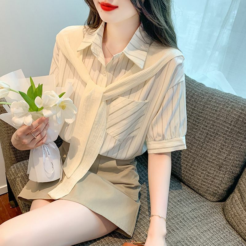 Summer Elegant Fashion Loose Casual Women's Shirt Striped Korean Style Decorations Pockets Lapels Short Sleeve Y2K Chic Tops