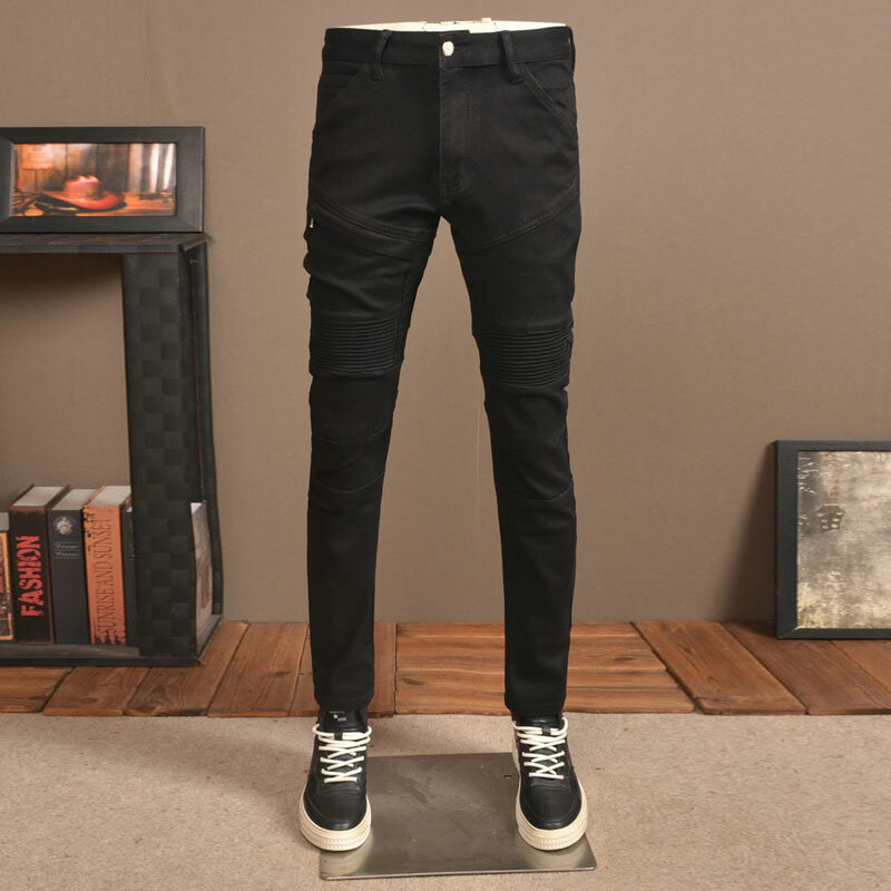 بنطلون جينز أسود ضيق مناسب للرجال ، مصمم بقسم ، جيب بسحاب ، بنطلون جينز هيب هوب ، موضة عالية في الشارع