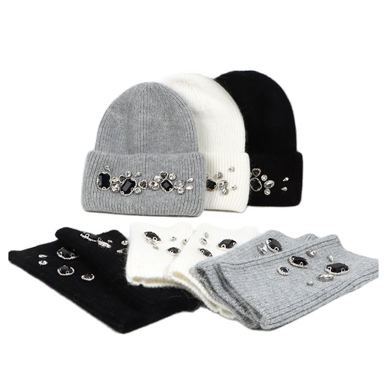 Шапка, перчатки, набор для женщин, зимняя вязаная шапка из ангоры, стразы, украшение, осень, теплый лыжный аксессуар для спорта на открытом воздухе