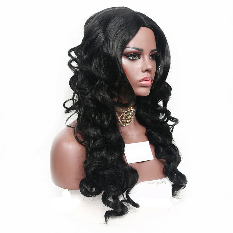 Wig kasual gelombang sintetis mode pusat Wig Parted sekitar 30 inci Wig rambut tahan panas warna alami untuk wanita hitam
