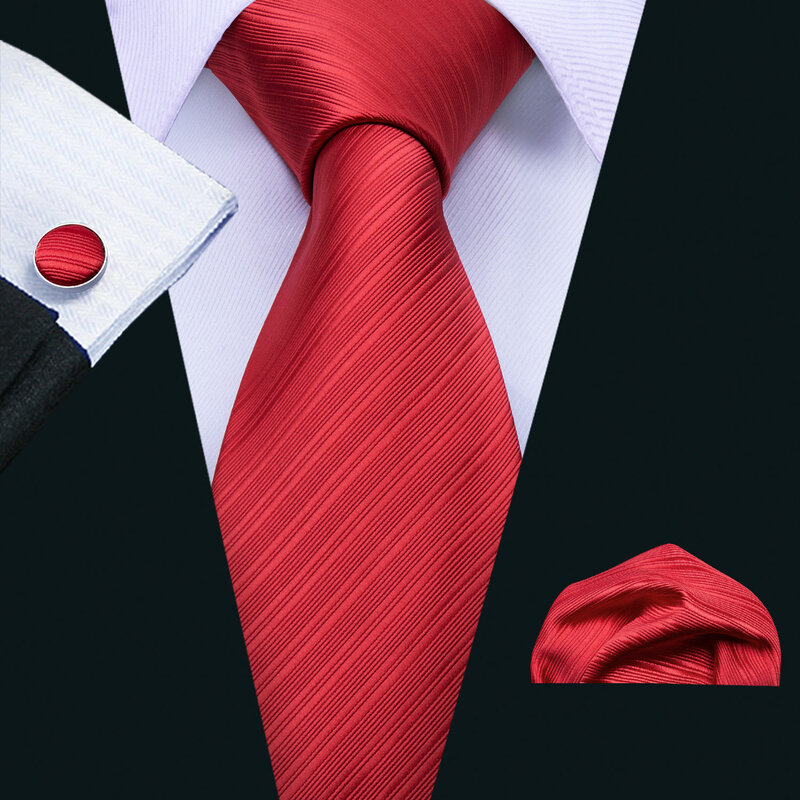 Barry.Wang Red Silk Mens Tie Hanky Cufflinks Set Burgundy Maroon Scarlet Carmine Rose Jacquard Necktie For Male Wedding Party