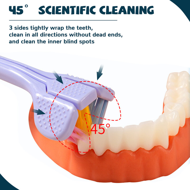 Escova de dentes de três lados estéreo 3D para adultos, raspador de língua, limpeza profunda, higiene bucal, PBT, cabelos ultra finos e macios