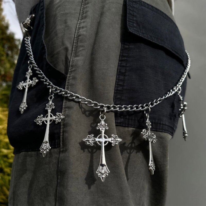 E0BF Metalen Punk Broekketting Sleutelhangers voor Mannen Vrouwen Kruis Taille Keten Portemonnee Jeans