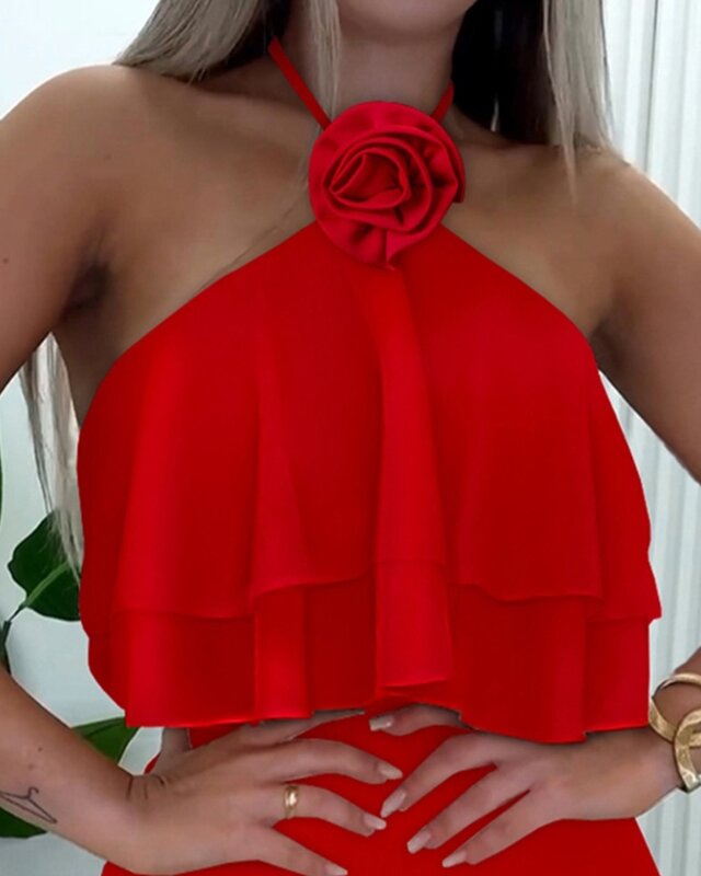 Two Piece Set Women Outfit Summer Fashion Rose Detail Halter Sleeveless Ruffles Top & Casual Skinny Daily Mini Skirt Set