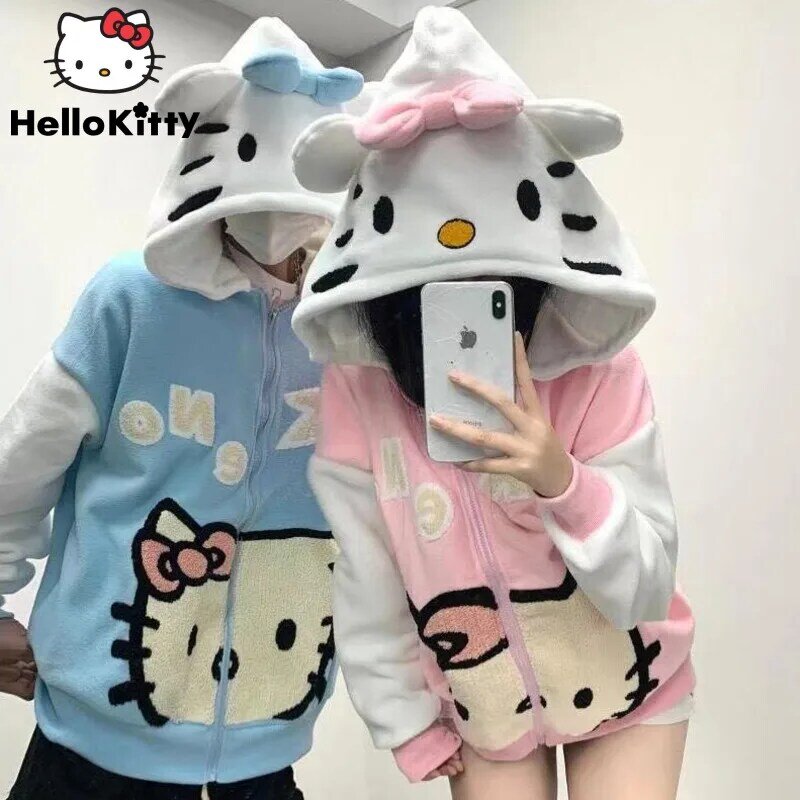 Sanrio Hallo Kitty Kawaii Cardigan Mantel Frauen Herbst Winter neue verdickte Hoodie Y2K adrette süße Cartoon Sweatshirt Mädchen Kleidung