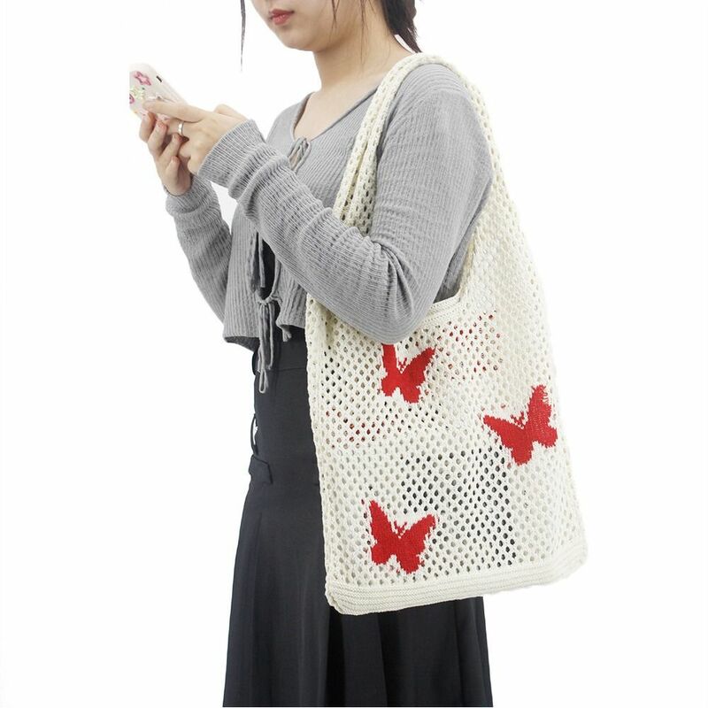Повседневная вязаная сумка через плечо, вместительная ажурная дамская сумочка с бабочкой, плетеная женская сумка для подмышек