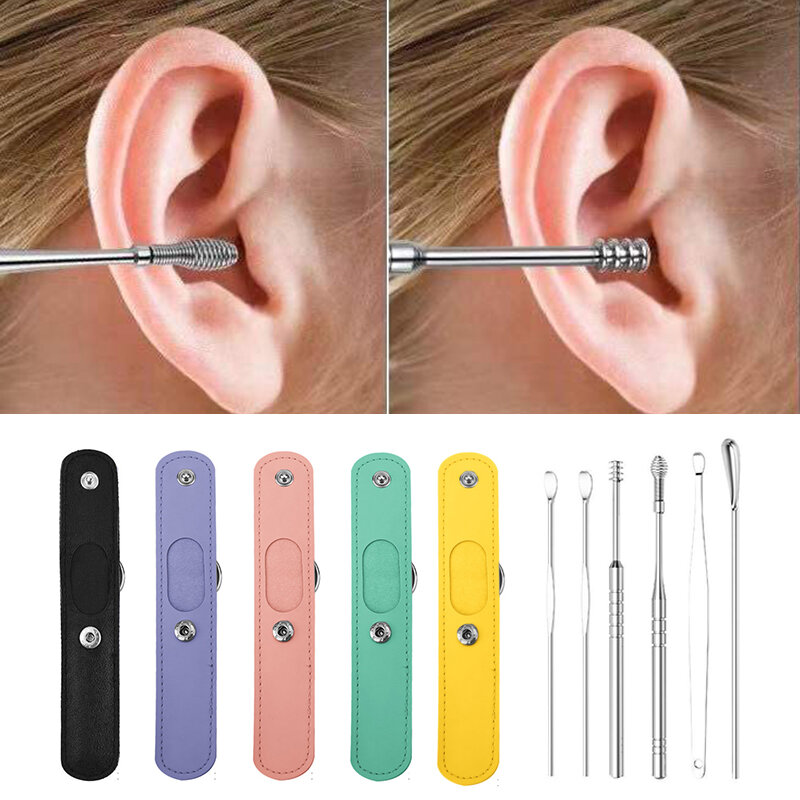 Aço inoxidável Ear Wax Cleaner, Earpick, removedor de cera, ferramenta de remoção, Cleaner Spoon, Ear Picker Spoon, Ear Care, 6pcs por conjunto