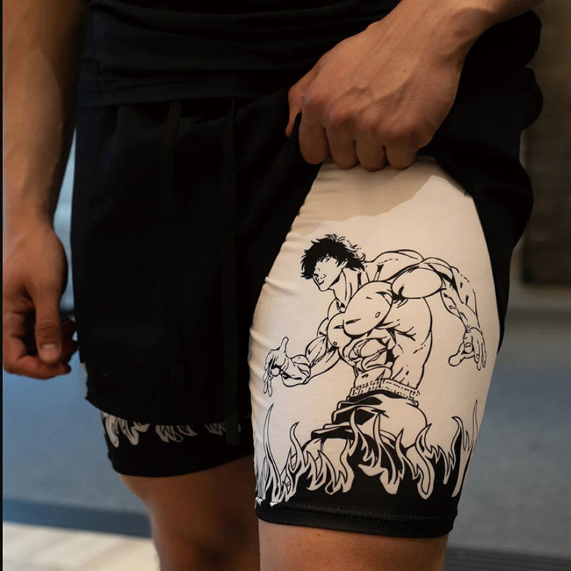 Men's Anime Hanma Baki Fitness Shorts Printed Black Double Layer 2 In 1 Quick-drying Shorts Fitness Running Sports Summer