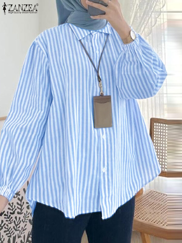 ZANZEA informal-Blusa de manga larga con cuello de solapa para mujer, camisa con estampado a rayas, moda Eid Mubarek musulmana, Primavera
