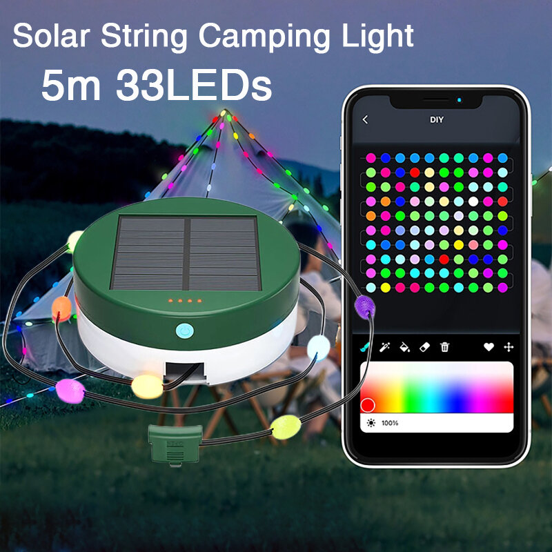 5m 33LEDs Solar String Light RGB Camping Light Outdoor Waterproof Emergency Charging Tent Atmosphere Light String  Garden Decor
