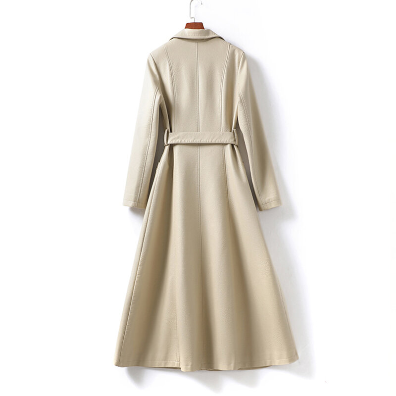 Gabardina de piel auténtica para mujer, abrigo largo de piel de oveja, con cuello de solapa y cinturón, elegante, para otoño e invierno, novedad de 2023