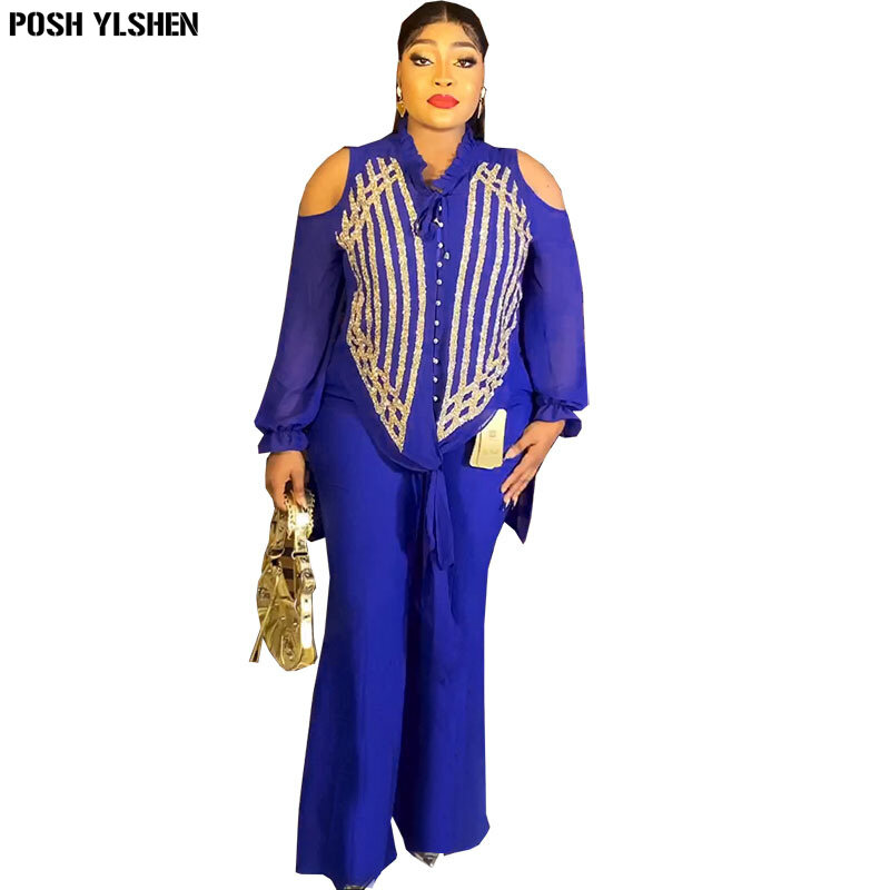 Two Piece Set Women Tracksuit Summer Clothes African Dresses for Women 2023 Casual Party Sequins Beaded Tops Pants Sets Outfits