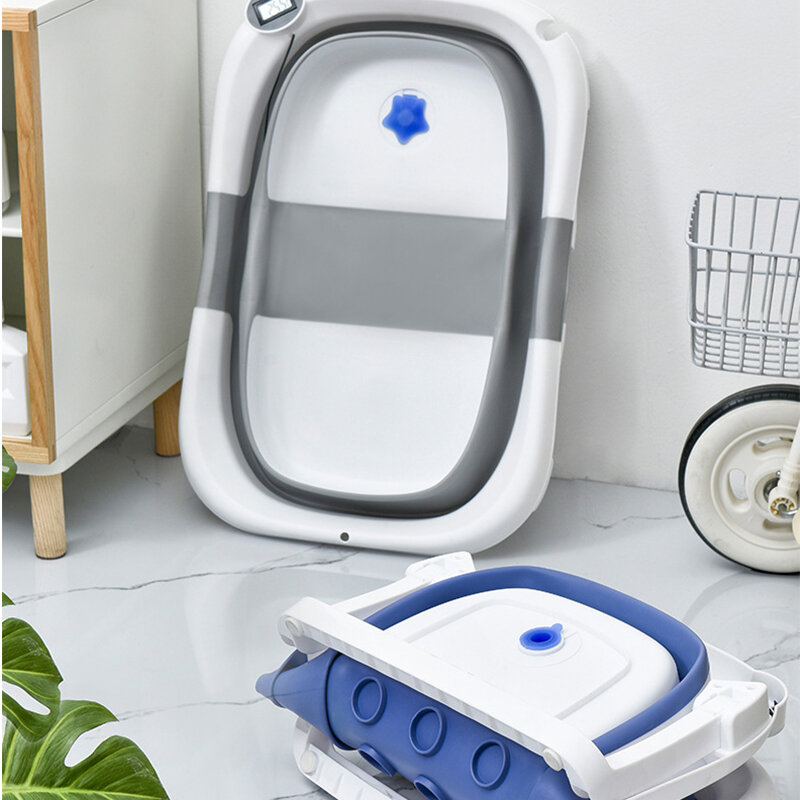 온도 감지 기능이 있는 접이식 욕실 양동이, 실시간 온도 실리콘 아기 목욕 욕조, 미끄럼 방지 발 목욕