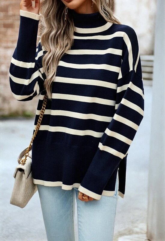Женский свитер в полоску, свободный облегающий пуловер с высоким воротом и длинными рукавами, весна-лето 2024