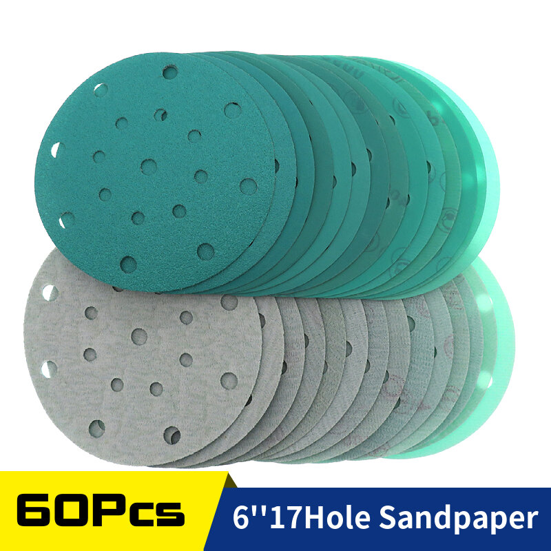 60Pcs 6Inch 17 Holes Wet Dry Sanding Discs 600-2000 Grit Hook& Loop Round Sandpaper 150mm for Random Orbital Sander Woodworking