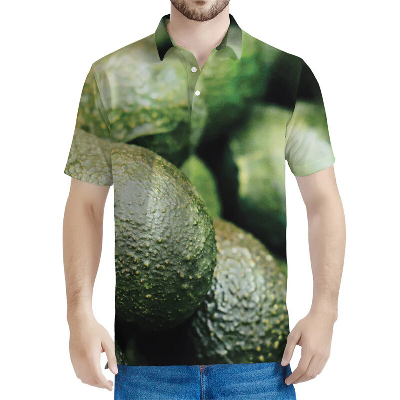 Camisa polo gráfica de abacate masculina, estampada em 3D, manga curta, camiseta de rua de verão, lapela solta, camiseta de botão, moda