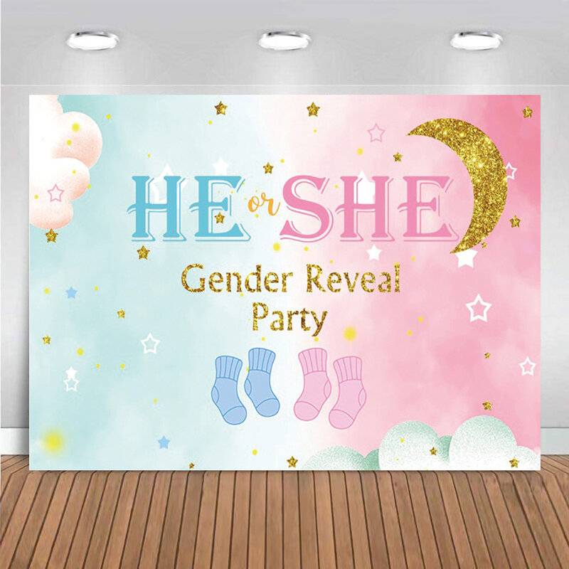 性別披露パーティーの背景男の子または女の子の写真の背景、青とピンクのバルーン、象とクマ、新生児のシャワー、写真の装飾