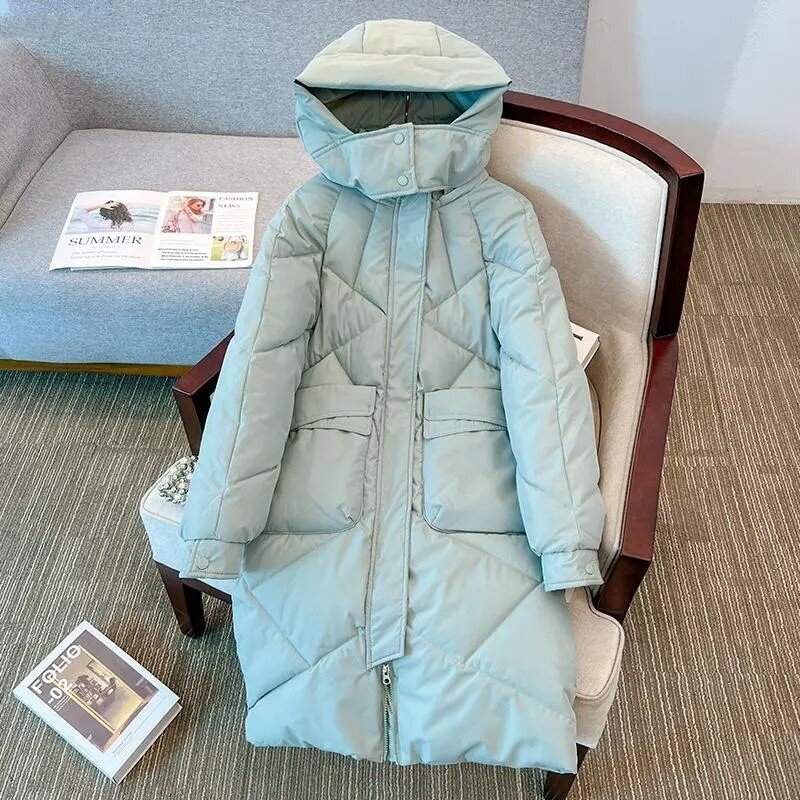Zimowy gruby puchowa kurtka bawełniana damski długi płaszcz 2023 moda luźne parki Mujer wiatroszczelna ocieplana kurtka z kapturem