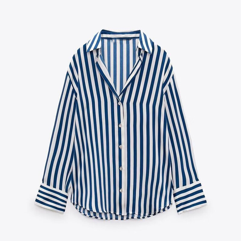 Женская Асимметричная блузка в полоску, винтажная Свободная Повседневная рубашка с длинным рукавом и пуговицами, шикарные топы, новинка 2023