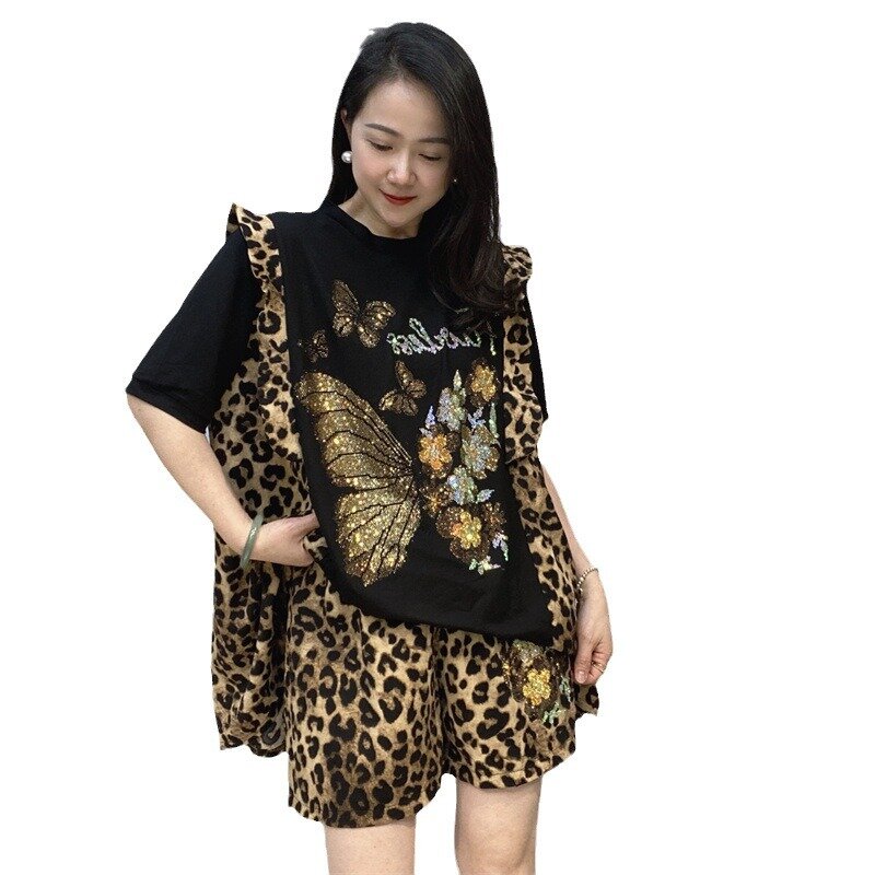 Женский комплект из 2 предметов, футболка с коротким рукавом и шорты с оборками и леопардовым принтом