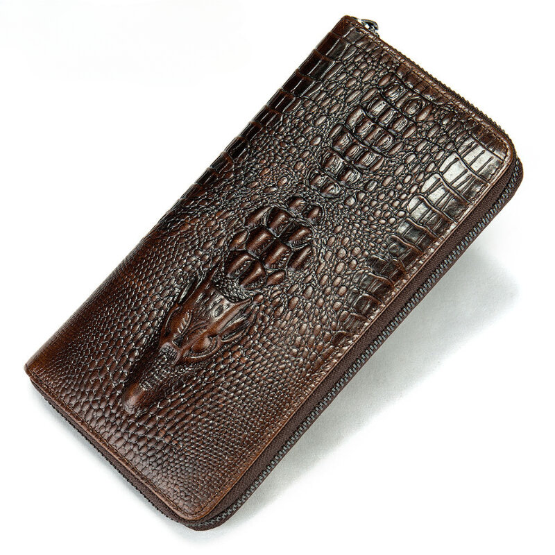 Portefeuille long en cuir véritable imprimé crocodile pour hommes, pochette d'affaires, position multi-cartes, couche supérieure, portefeuille en cuir de cercle