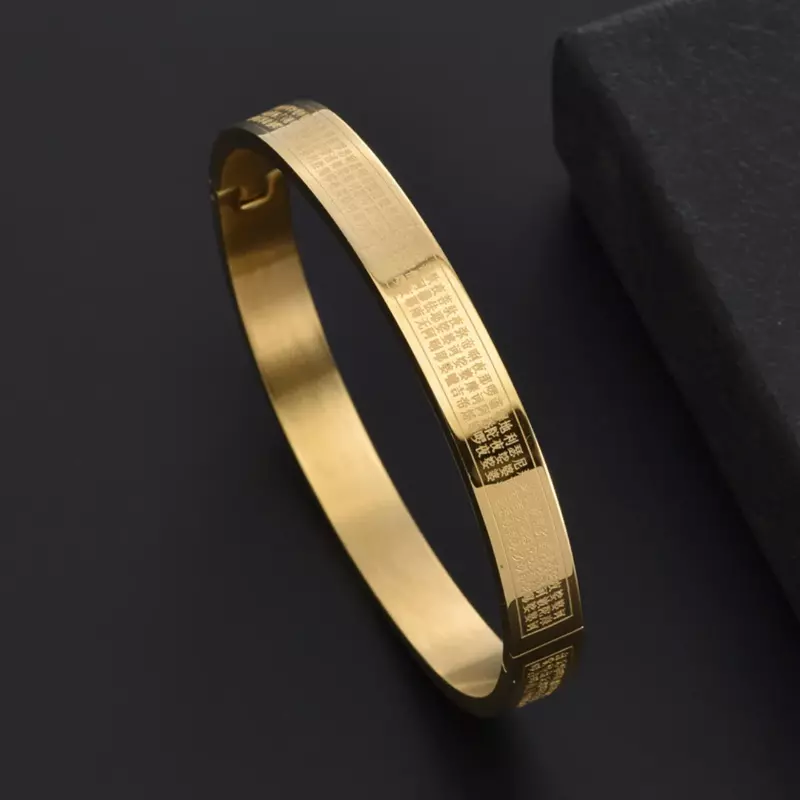 Stainless Steel Buddhist Religious Bracelet Bangles High Polished Gold Plated Buddhist Scripture Carved Prayer Amulet Jewelry
