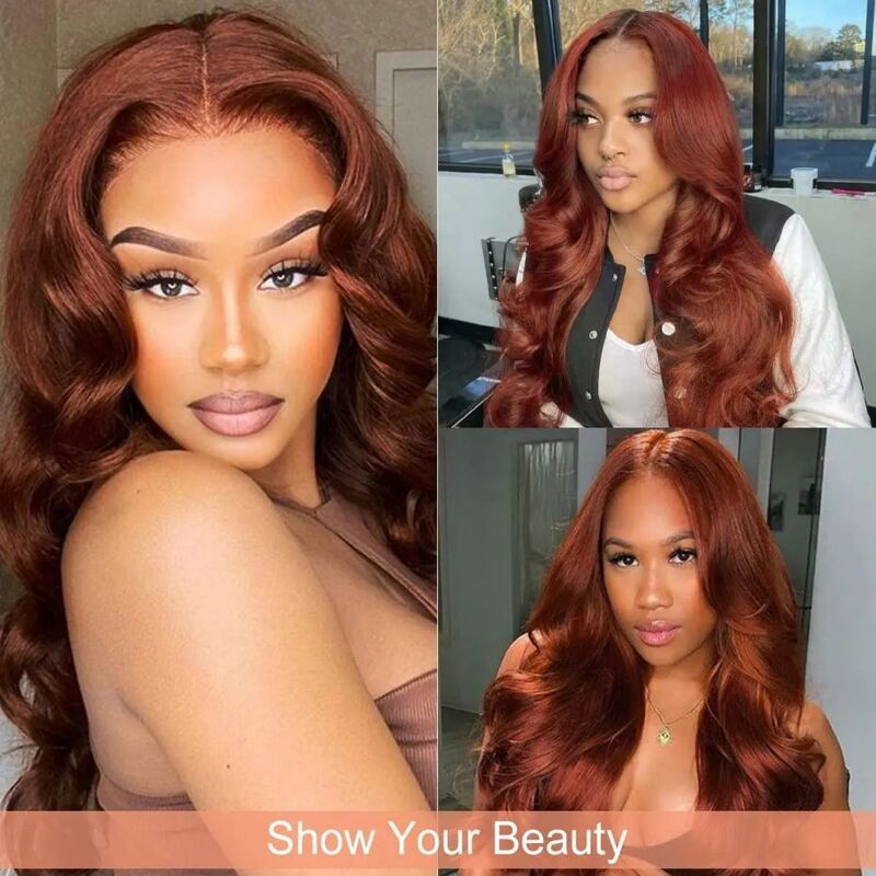 #33 Reddish Brown Glueless Body Wave Human Hair Wigs 30 Inch Brazilian 13X4 13x6 HD Transparent Lace Front Wig Lace Closure Wig