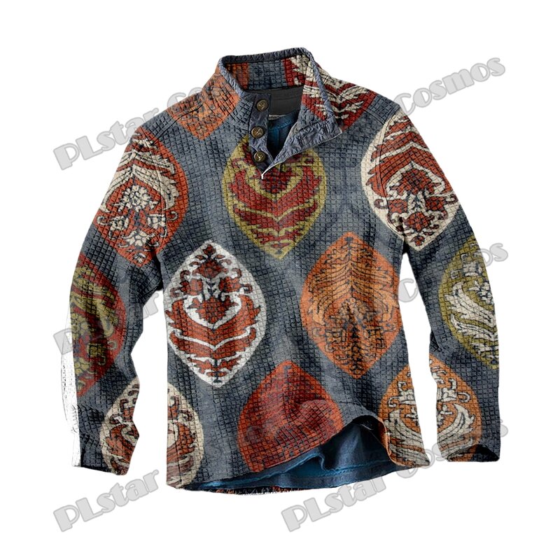 PLstar Cosmos 3D Pattern Printed Men's Stand Collar Long Sleeve Knit Polo Shirts Winter Unisex Casual Knitwear Pullover MY09