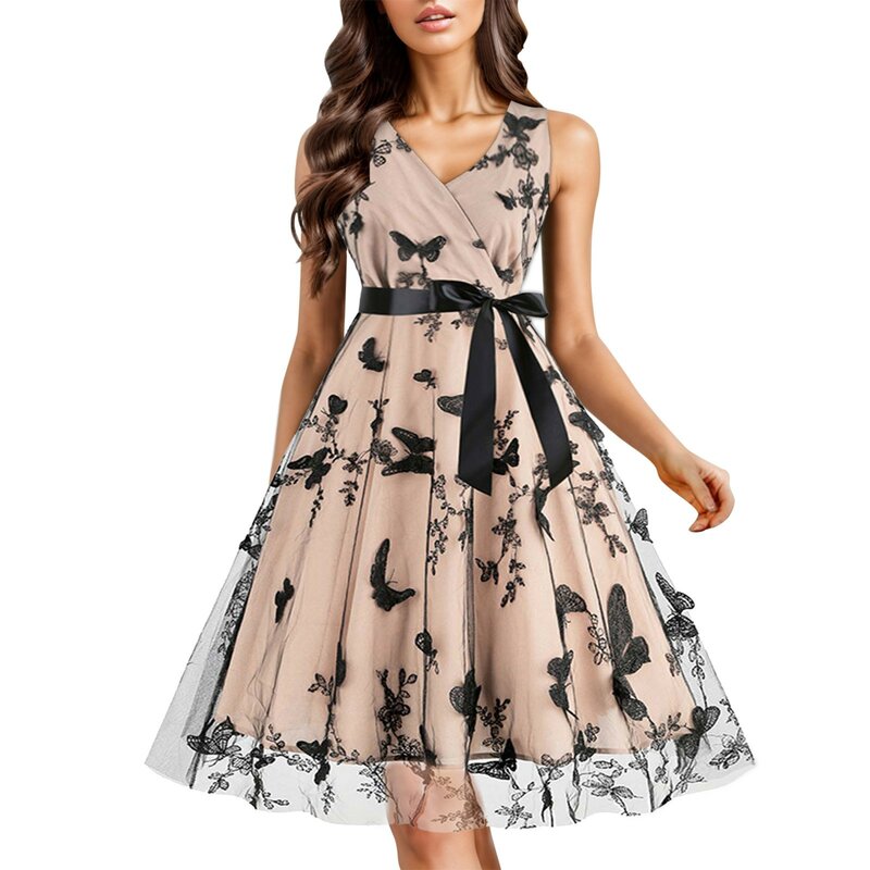 Sukienki księżniczki dla dziewczynek krawat talia A-line przezroczyste koronkowe haftowana sukienka Maxi dla kobiet sukienki wakacyjne przedsionka