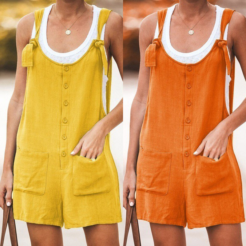 Casual Summer women's Solid Strap Wide Leg Pants Pockets Romper Dungaree Bib Overalls Loose Cotton Linen Jumpsuits for women