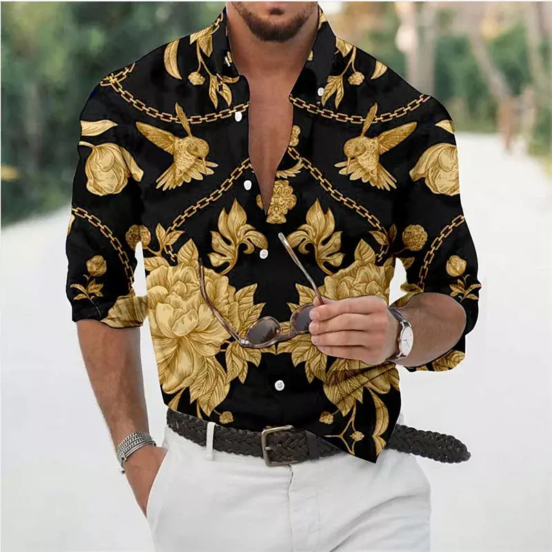 Shirt men's lapel long sleeves spring and summer creative butterfly flower and bird 3D printing pattern casual and comfortable
