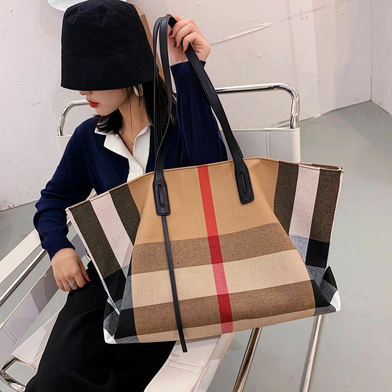 Large Capacity Women Handbag Fashion Stripe Canvas Leather Luxury Female Top Handle Bag Retro New Office Work Lady Shoulder Bag